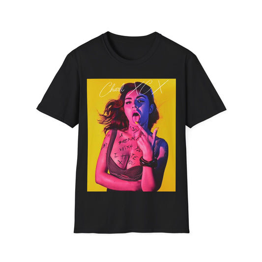 A black graphic t-shirt featuring a photo of Charli XCX, designed with an avant-pop aesthetic.