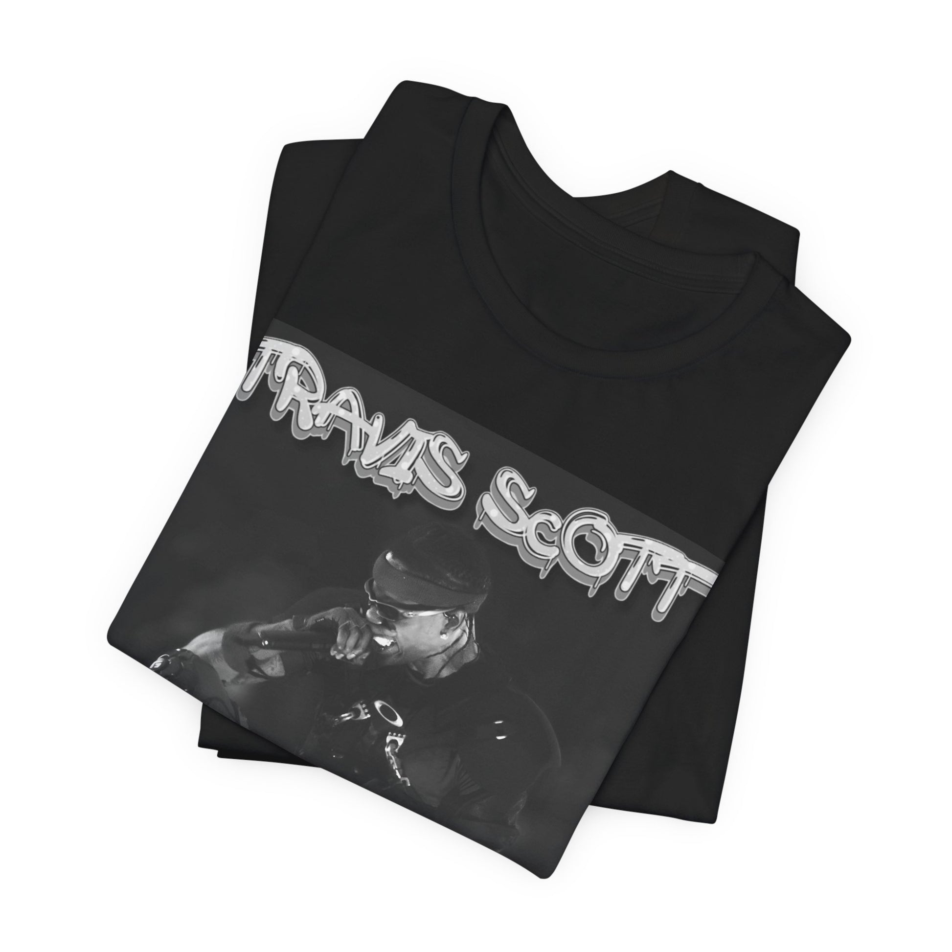 A black graphic t-shirt featuring a casual rap fan graphic of Travis Scott.