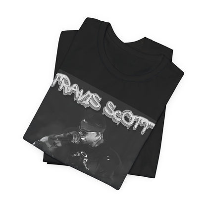 A black graphic t-shirt featuring a casual rap fan graphic of Travis Scott.