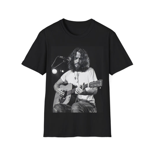A black graphic t-shirt featuring a retro graphic of Chris Cornell playing guitar live on stage.