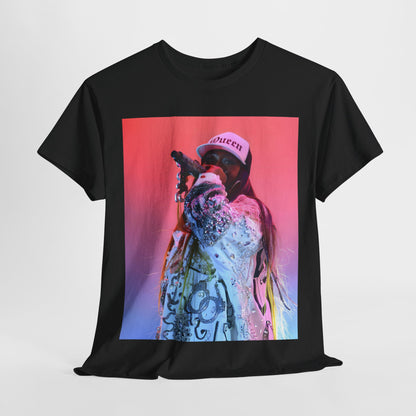 A black graphic t-shirt featuring a graphic of Missy Elliott as a fearless performer.