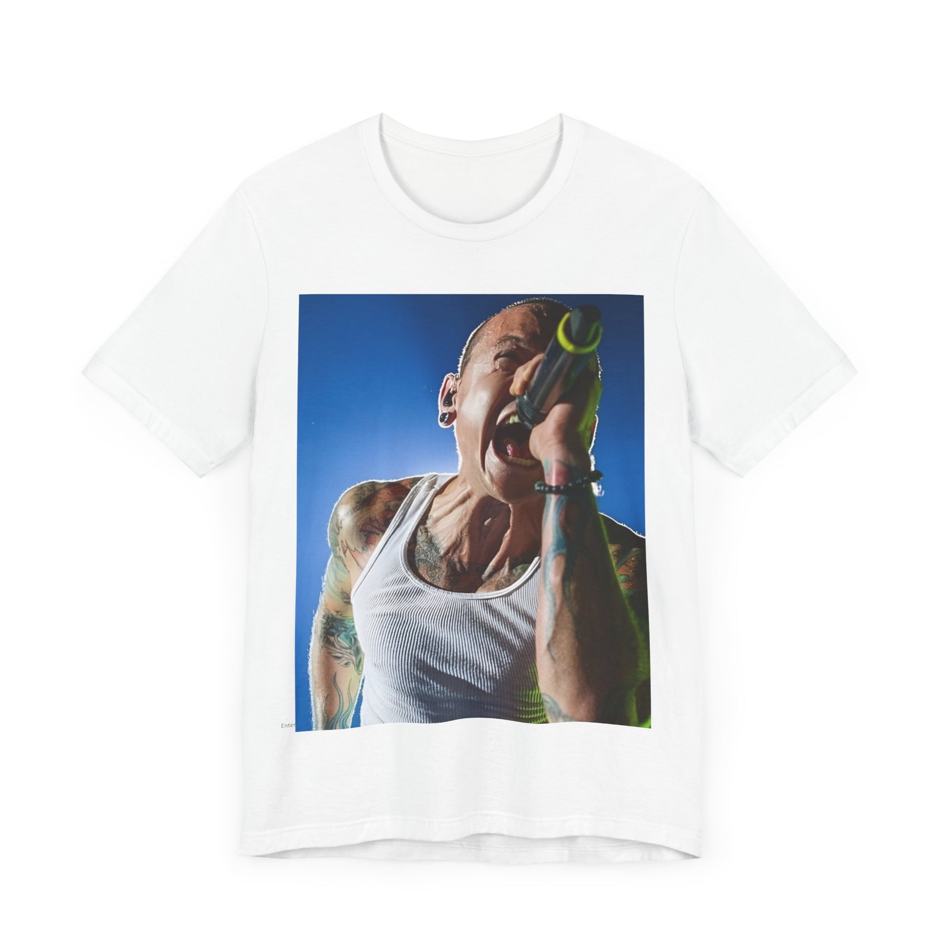 A black graphic t-shirt featuring a retro graphic of Linkin Park performing live.