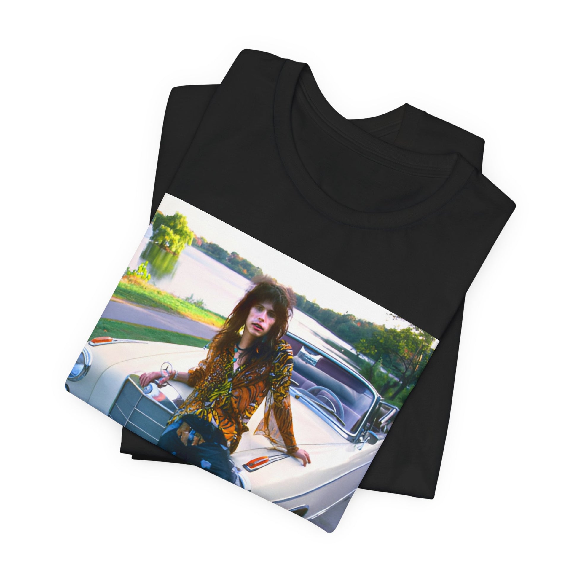 A black graphic t-shirt featuring a retro 70s photo of Aerosmith band members in a bohemian style, posing with a classic Mercedes car.