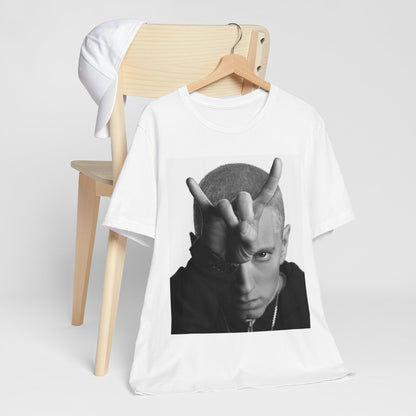 A black graphic t-shirt featuring a graphic related to Eminem's 'My Name Is' song or era.