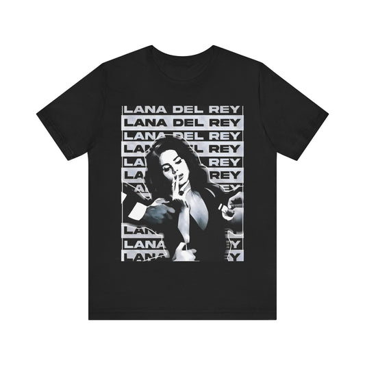 A classic, melancholic portrait of Lana Del Rey from her 'Born to Die' album era, printed on a graphic t-shirt.