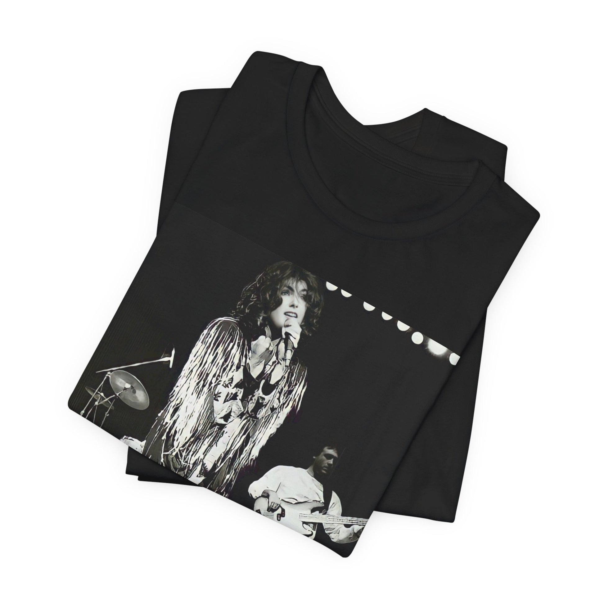 A black graphic t-shirt featuring an 80s black and white photo or graphic of Laura Branigan performing live on stage.