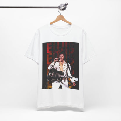 A black graphic t-shirt featuring a graphic related to Elvis Presley's '68 Comeback Special'.