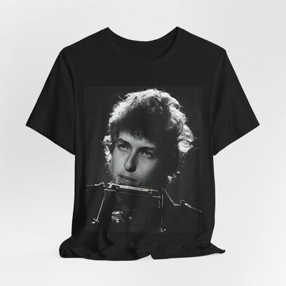 A black graphic t-shirt featuring a graphic of Bob Dylan from the 60s playing his harmonica.