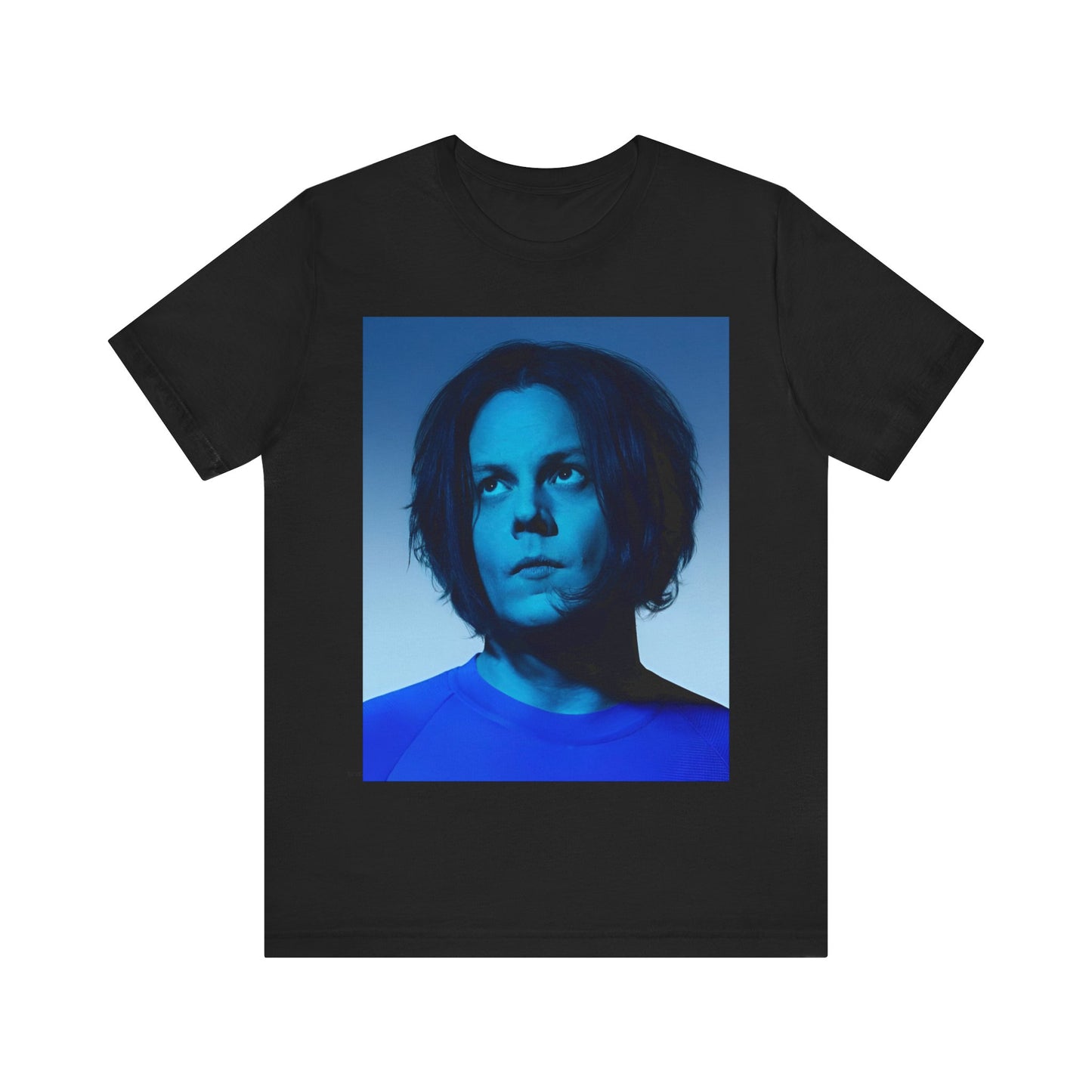 A black graphic t-shirt featuring a portrait photo of Jack White from The White Stripes.