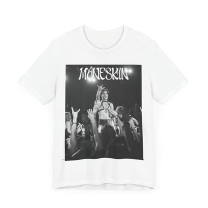 A black graphic t-shirt featuring a graphic or photo of Maneskin performing live.