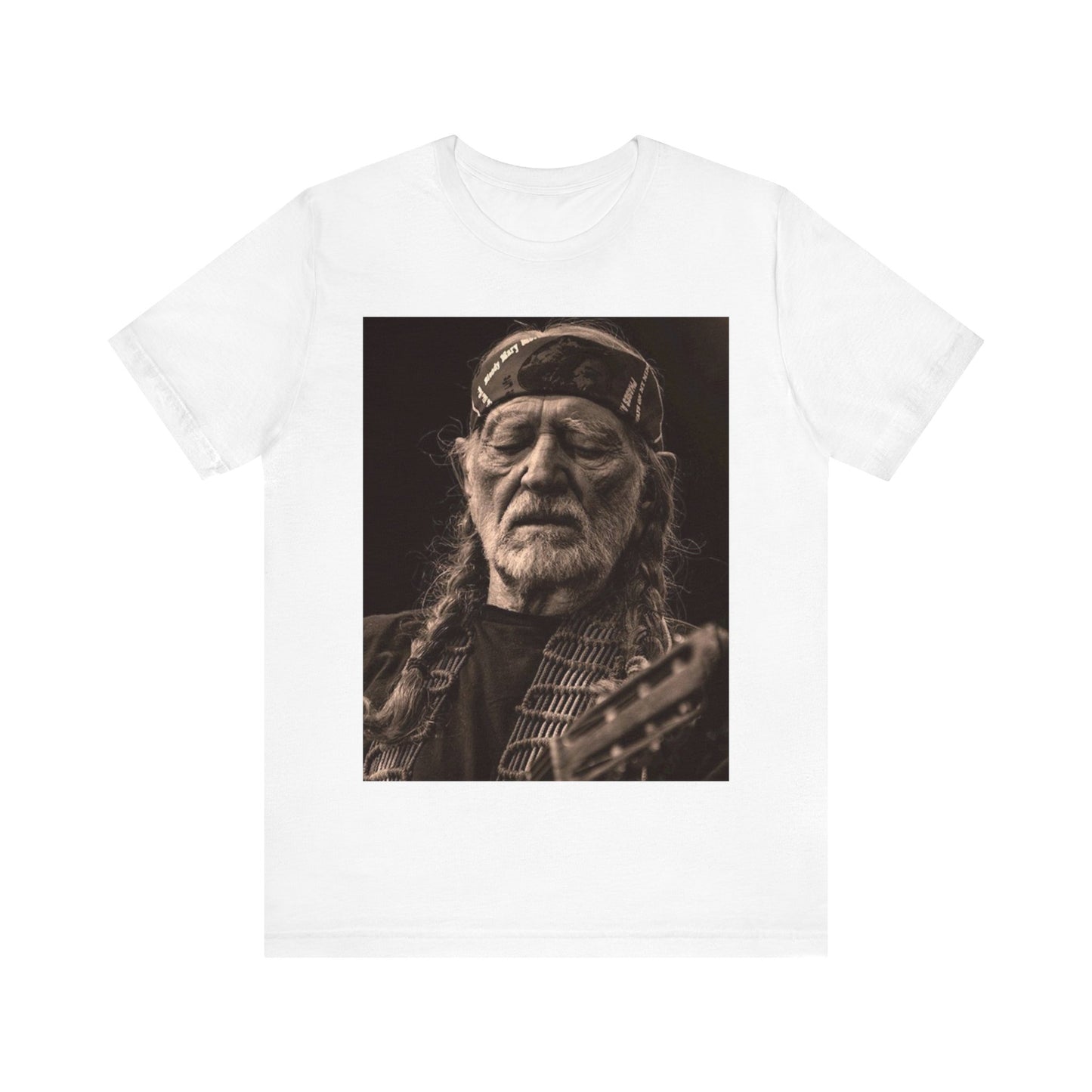 A black graphic t-shirt featuring a graphic of Willie Nelson with his iconic braids style.