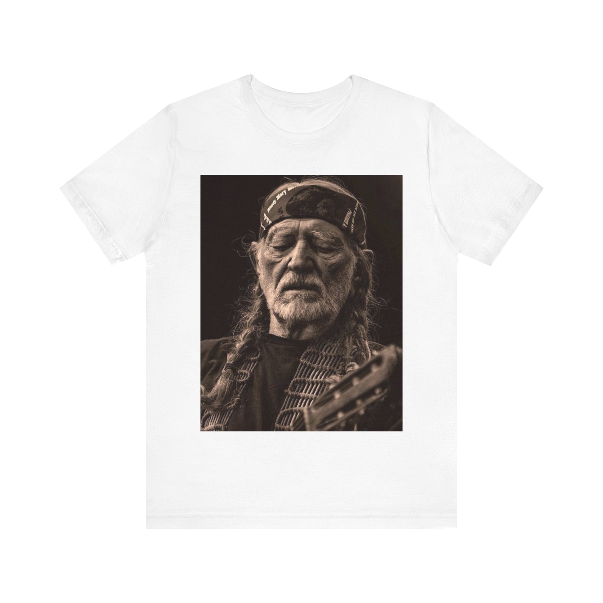 A black graphic t-shirt featuring a graphic of Willie Nelson with his iconic braids style.