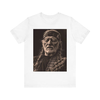 A black graphic t-shirt featuring a graphic of Willie Nelson with his iconic braids style.