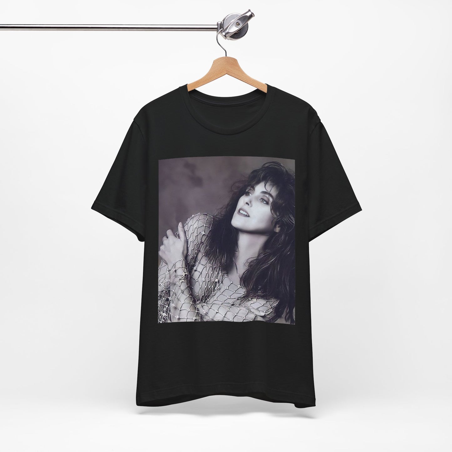A black graphic t-shirt featuring a bold 80s superstar graphic of Laura Branigan.