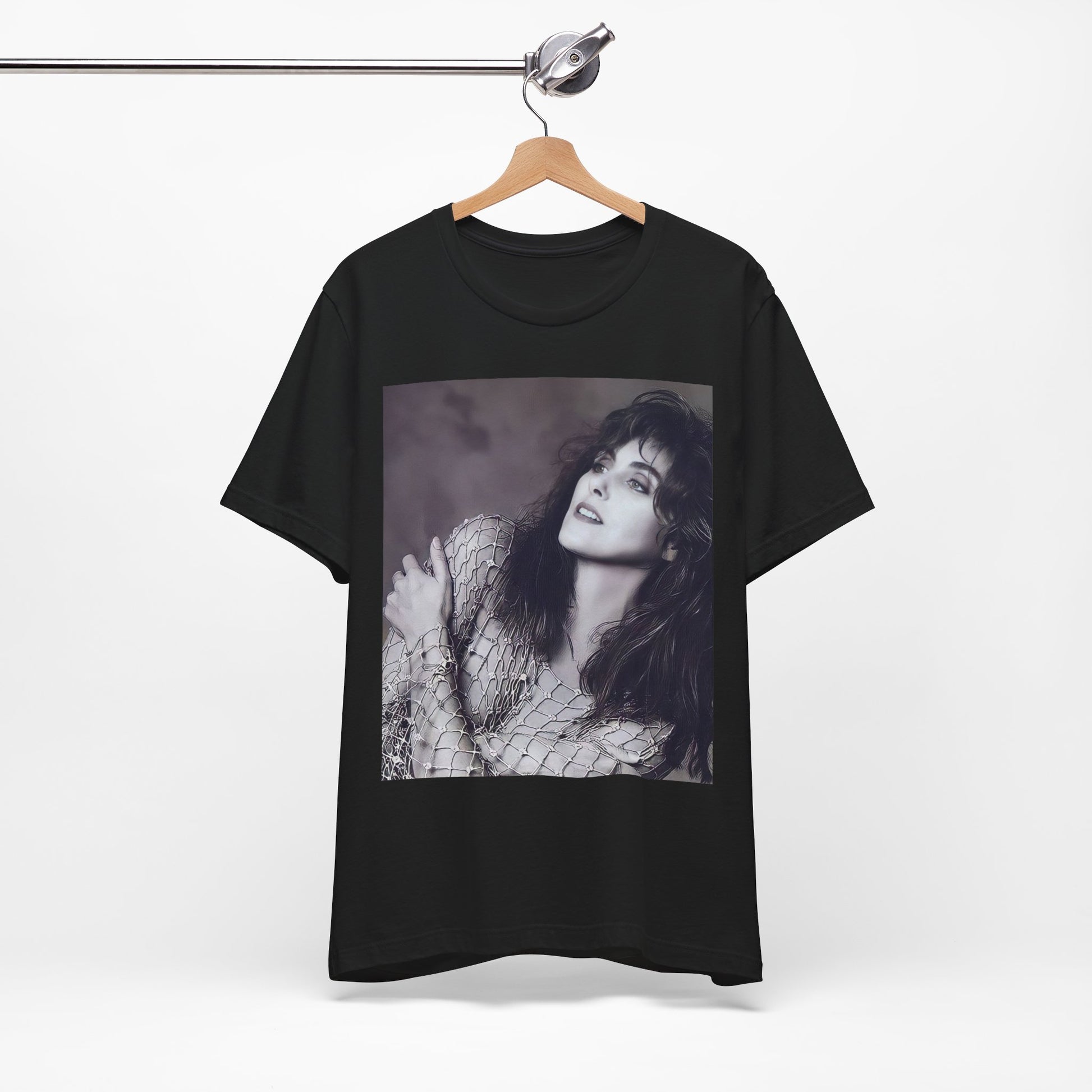 A black graphic t-shirt featuring a bold 80s superstar graphic of Laura Branigan.