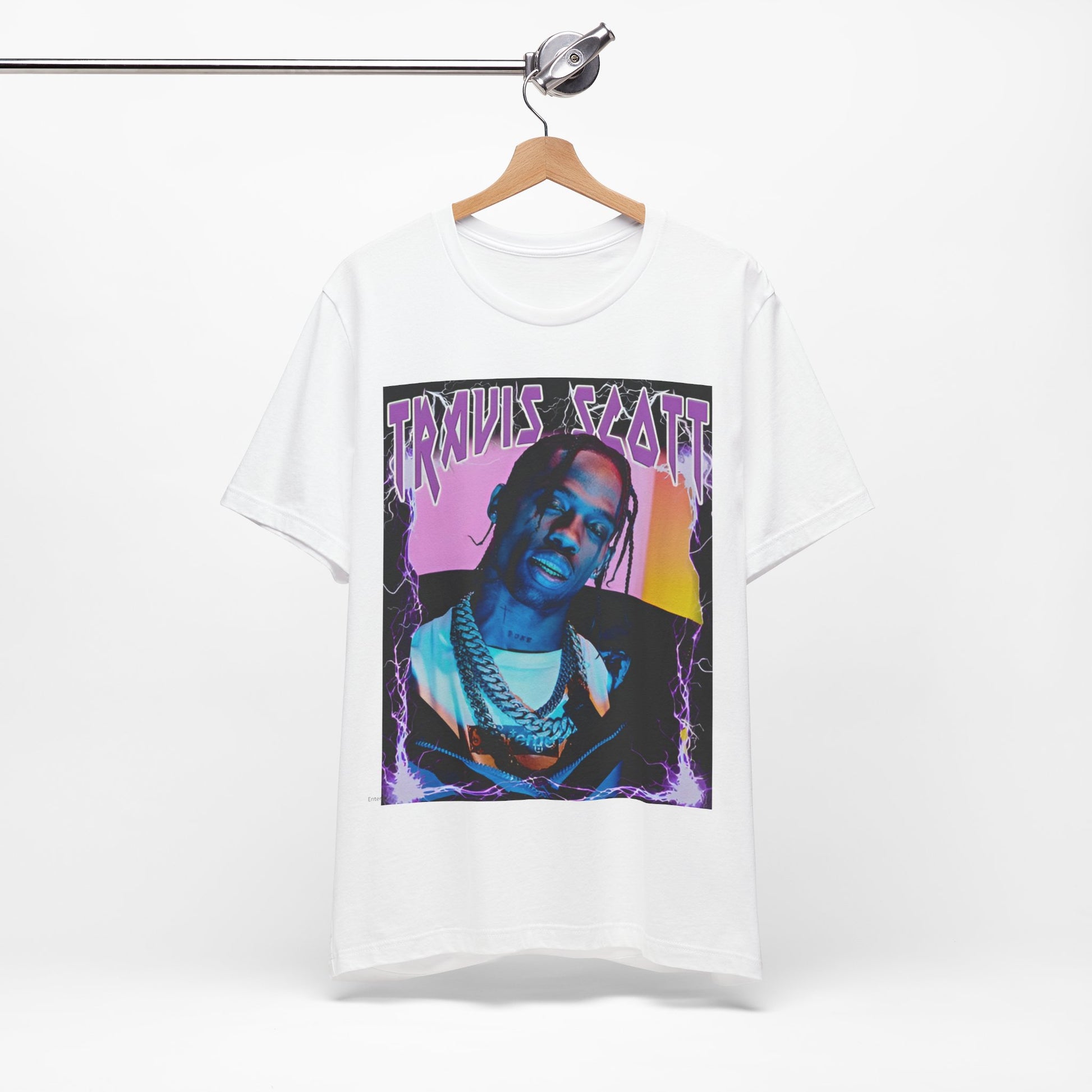 A black graphic t-shirt featuring a retro bootleg graphic of Travis Scott.