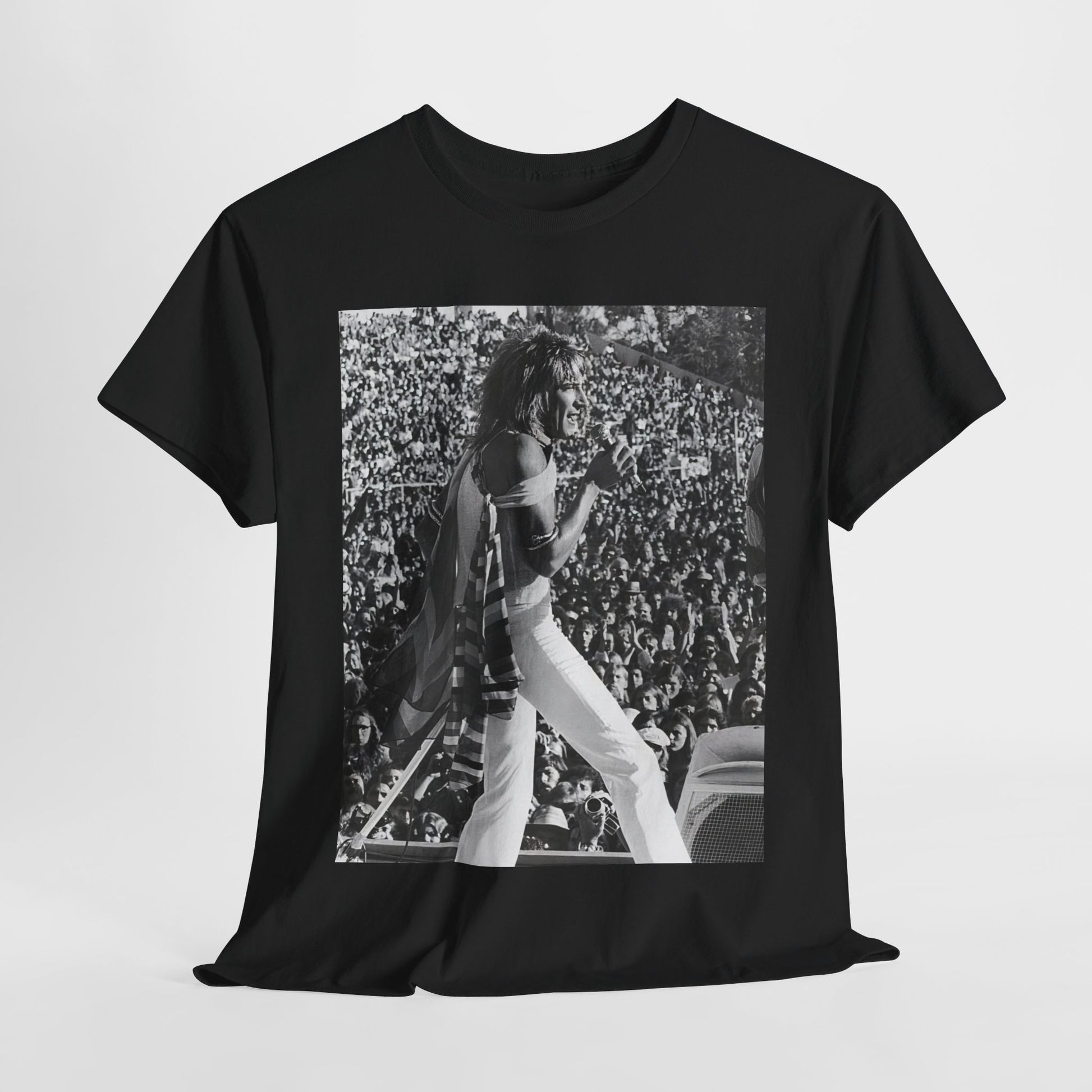 A black graphic t-shirt featuring a 70s on stage concert graphic of Rod Stewart.