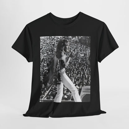 A black graphic t-shirt featuring a 70s on stage concert graphic of Rod Stewart.