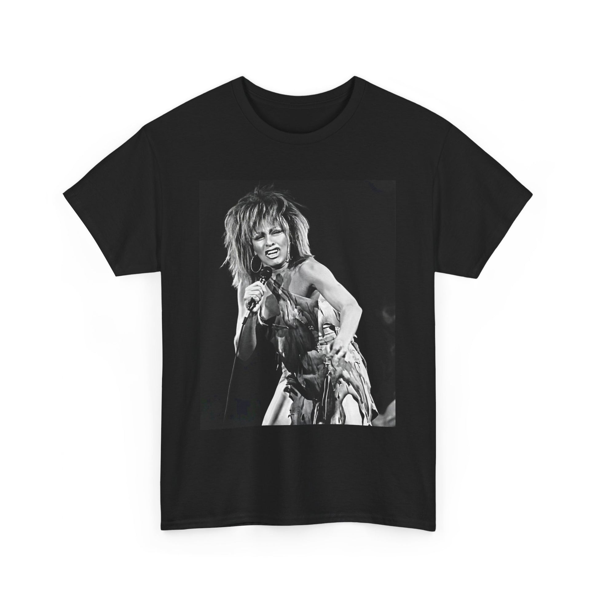 A black graphic t-shirt featuring a graphic of Tina Turner as an inspiring legend.