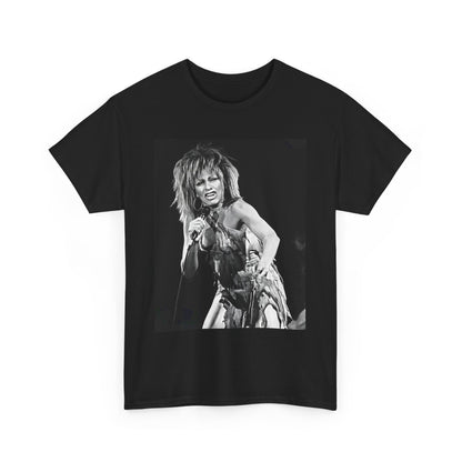 A black graphic t-shirt featuring a graphic of Tina Turner as an inspiring legend.