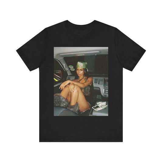A black graphic t-shirt featuring a graphic related to Tyla's nostalgic amapiano sound.
