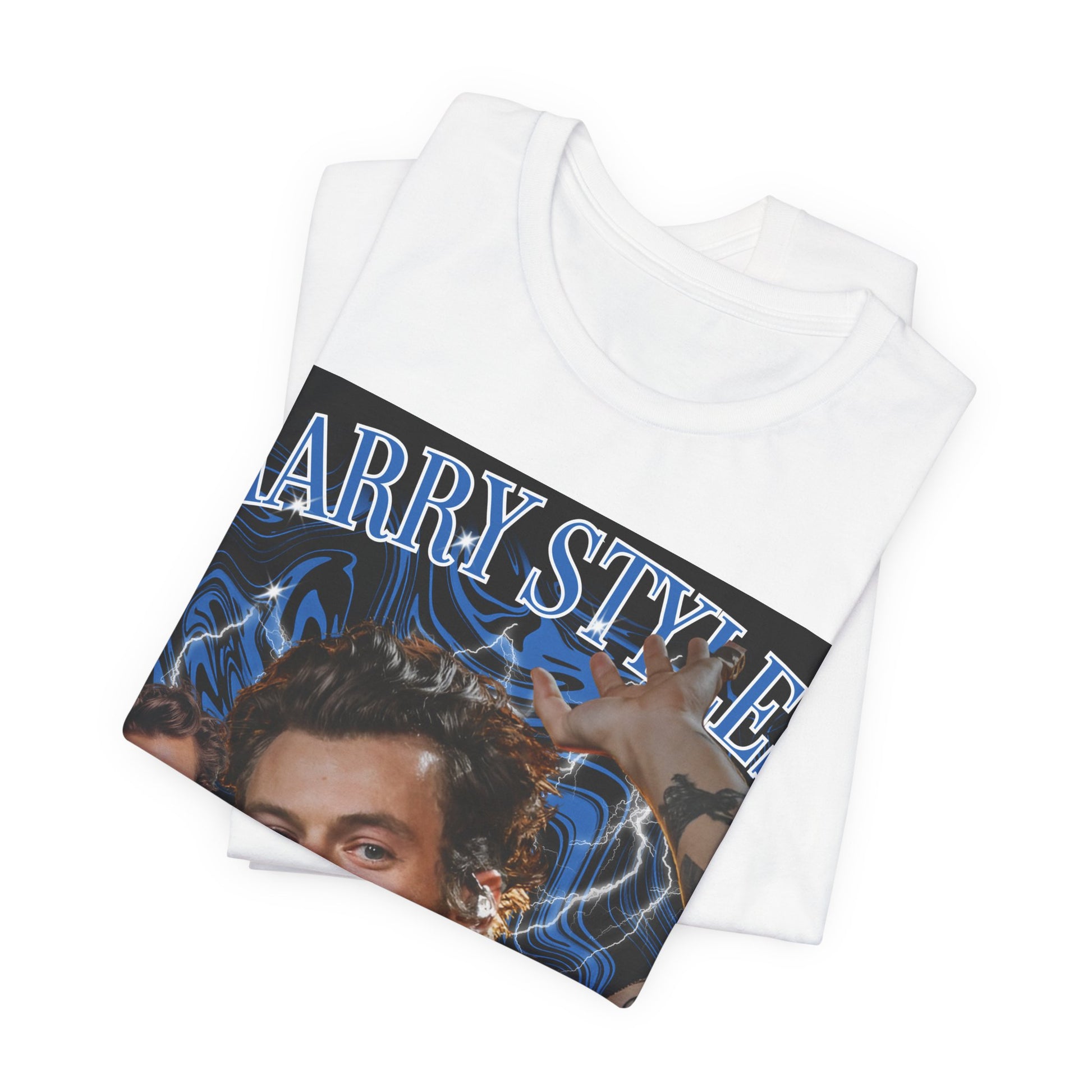 A black graphic t-shirt featuring an aesthetic bootleg graphic of Harry Styles.