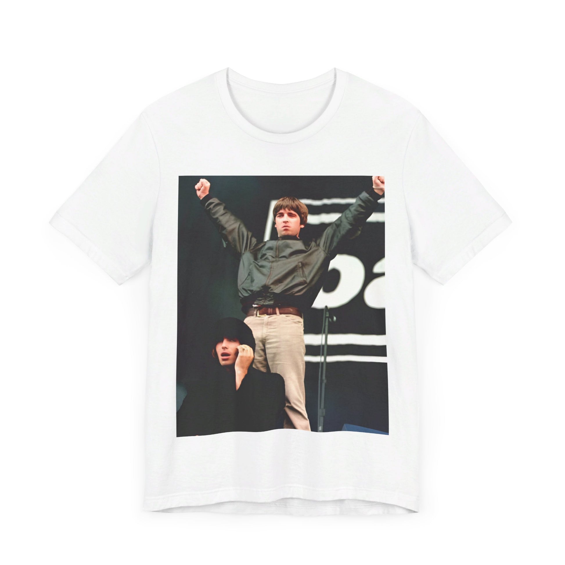 A black graphic t-shirt featuring a graphic or photo of Liam and Noel Gallagher from Oasis performing live on stage.