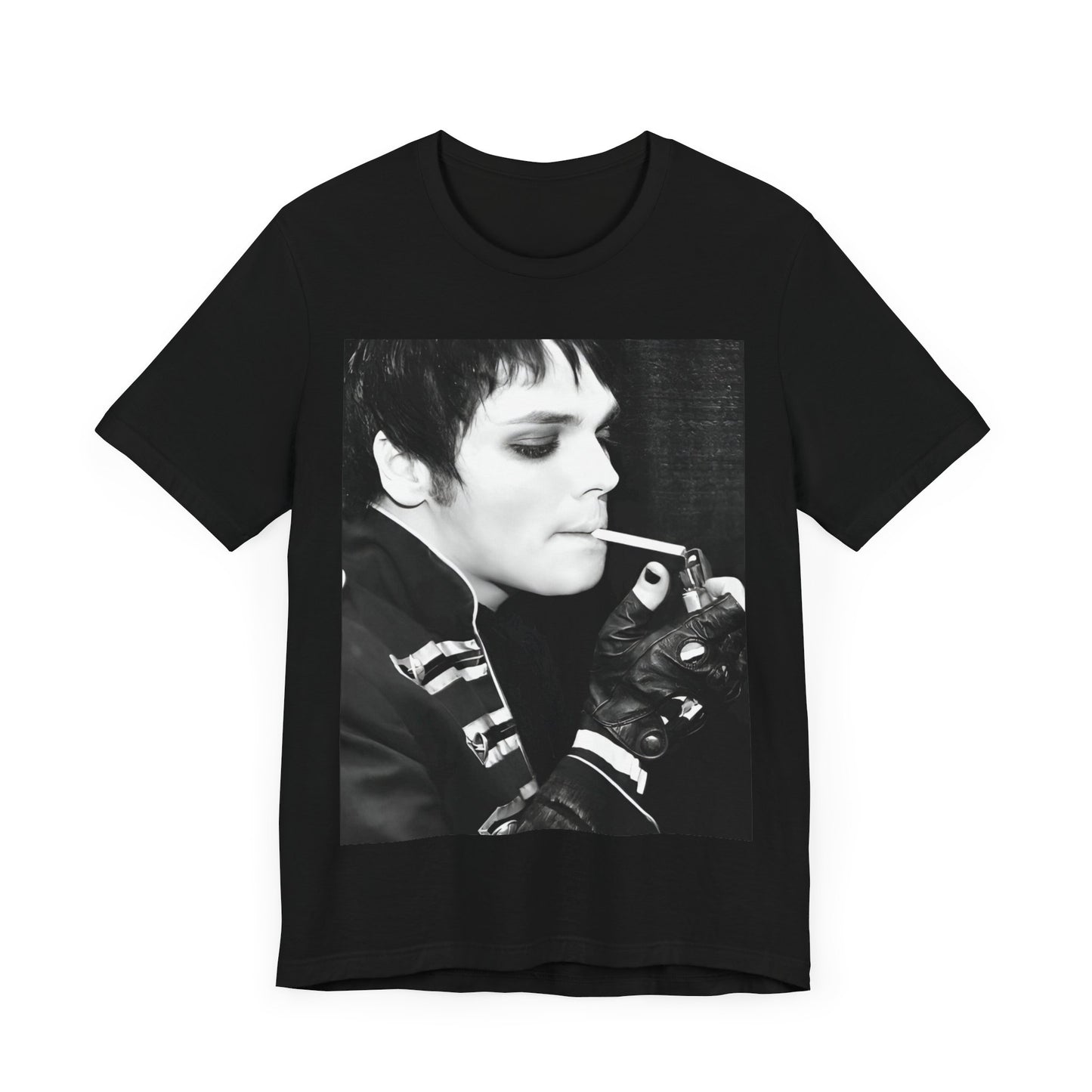 A black graphic t-shirt featuring a black and white graphic or photo of My Chemical Romance in a backstage setting.