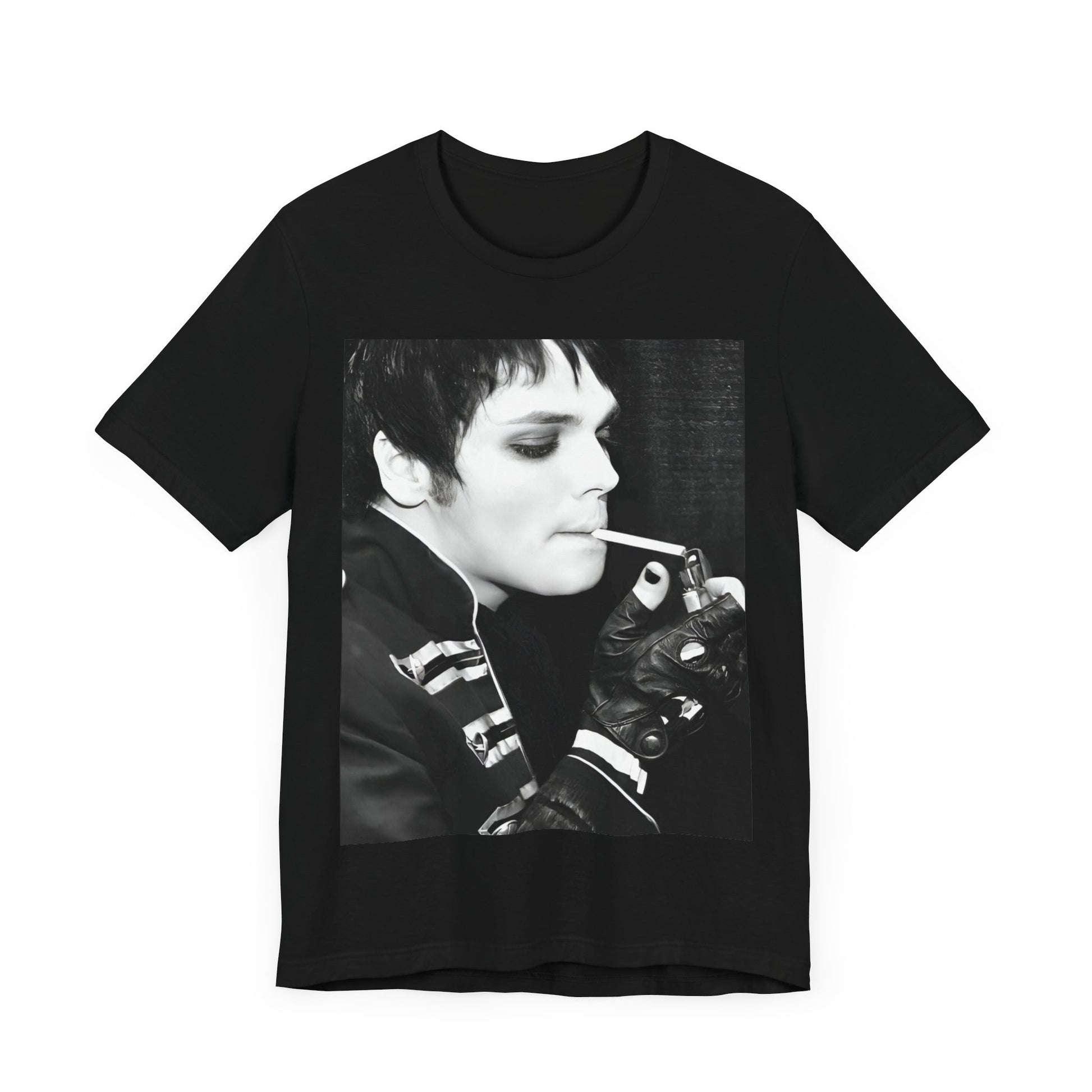 A black graphic t-shirt featuring a black and white graphic or photo of My Chemical Romance in a backstage setting.