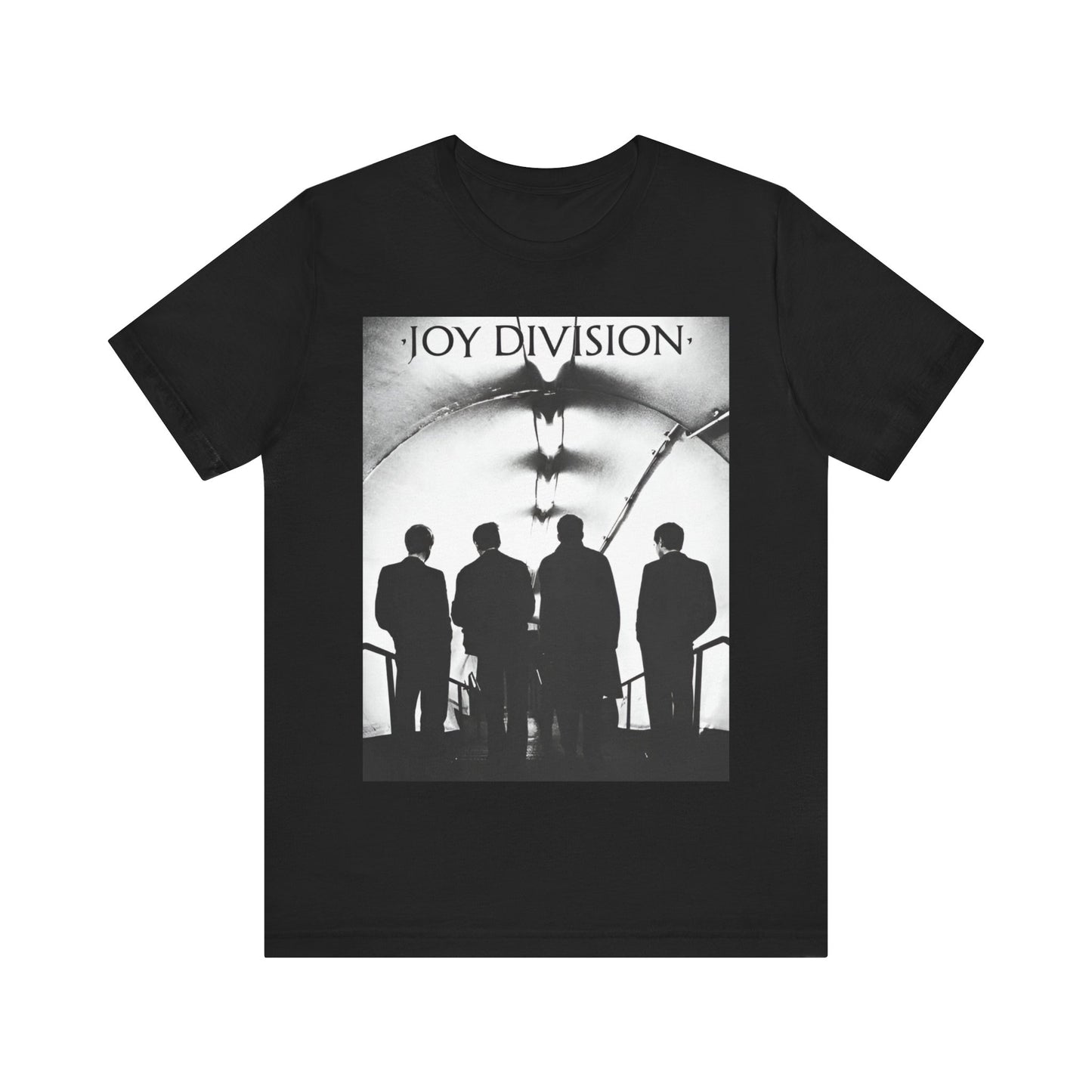 A black graphic t-shirt featuring a vintage post-punk graphic of Joy Division.