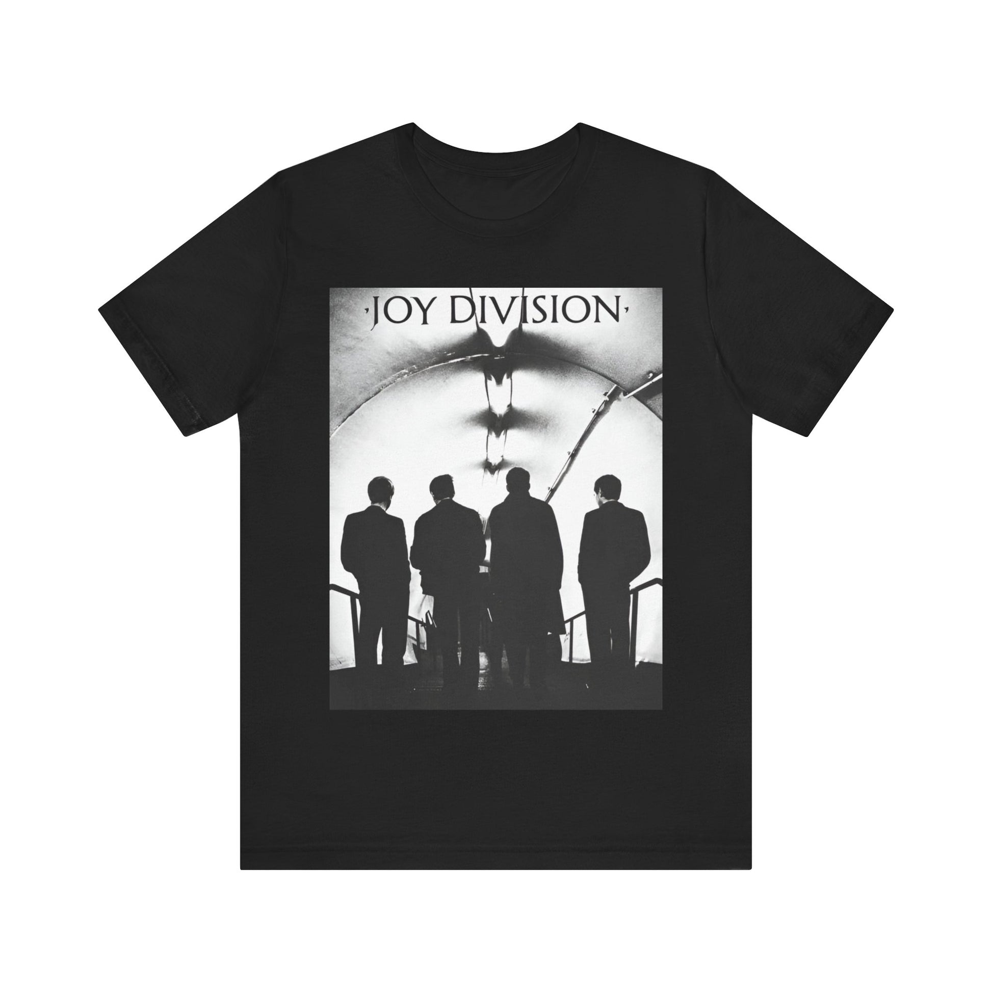 A black graphic t-shirt featuring a vintage post-punk graphic of Joy Division.