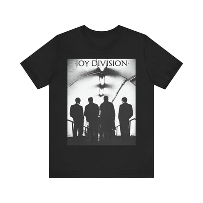 A black graphic t-shirt featuring a vintage post-punk graphic of Joy Division.