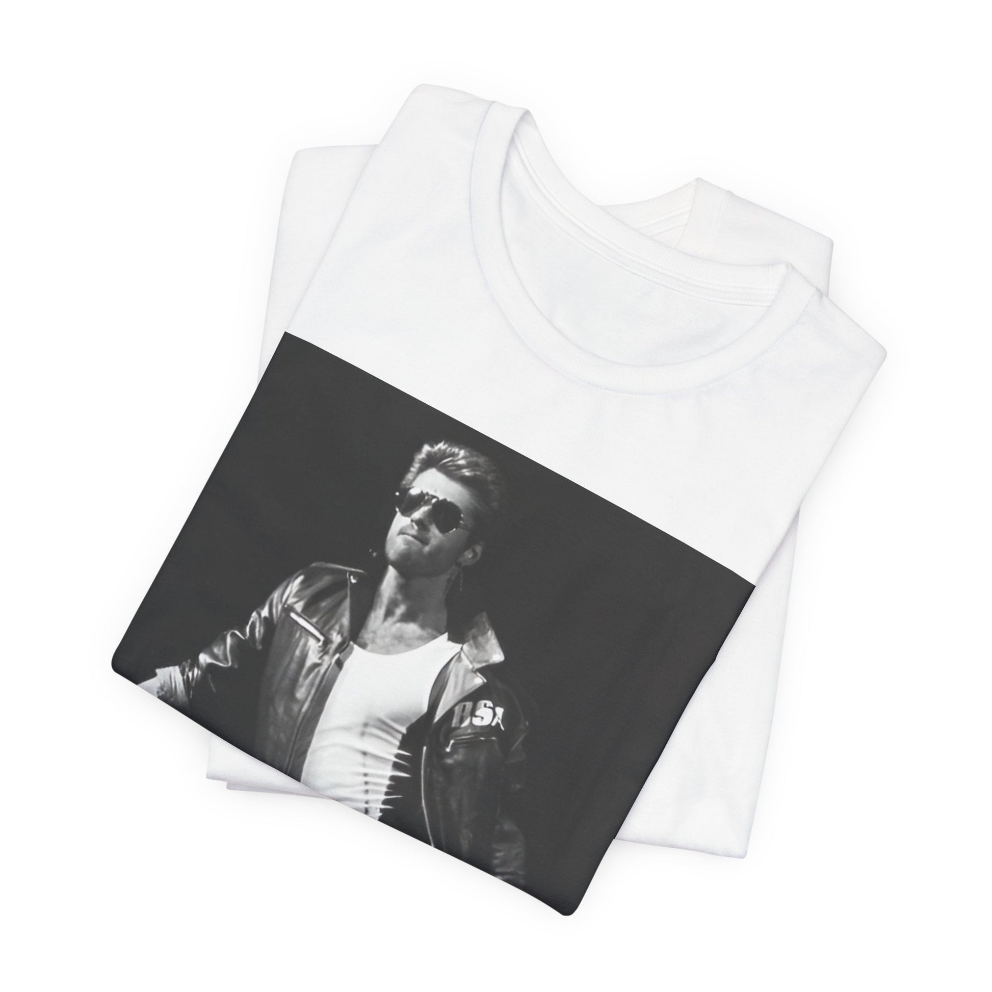A black graphic t-shirt featuring a retro black and white monochrome graphic or photo of George Michael.