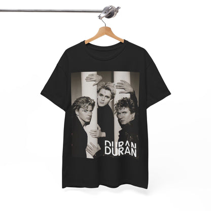 A black graphic t-shirt featuring a graphic related to Duran Duran's 'The Wild Boys' song or era.