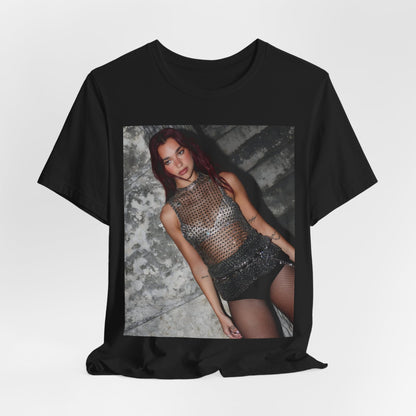 A black graphic t-shirt featuring a graphic of Dua Lipa as a disco queen, with an aesthetic design.