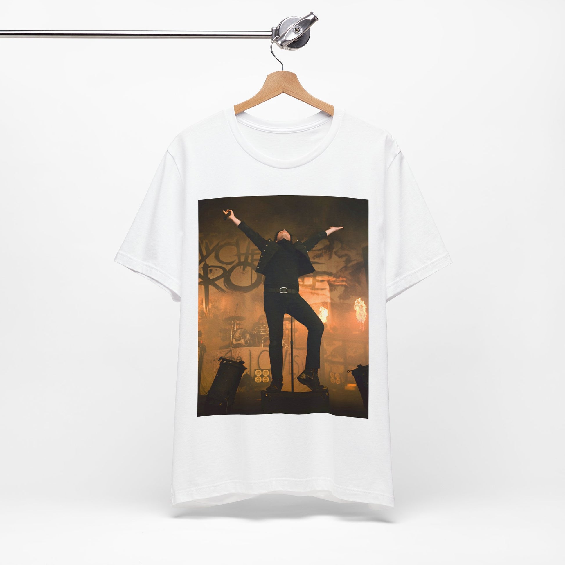 A black graphic t-shirt featuring an on-stage merch graphic of My Chemical Romance.