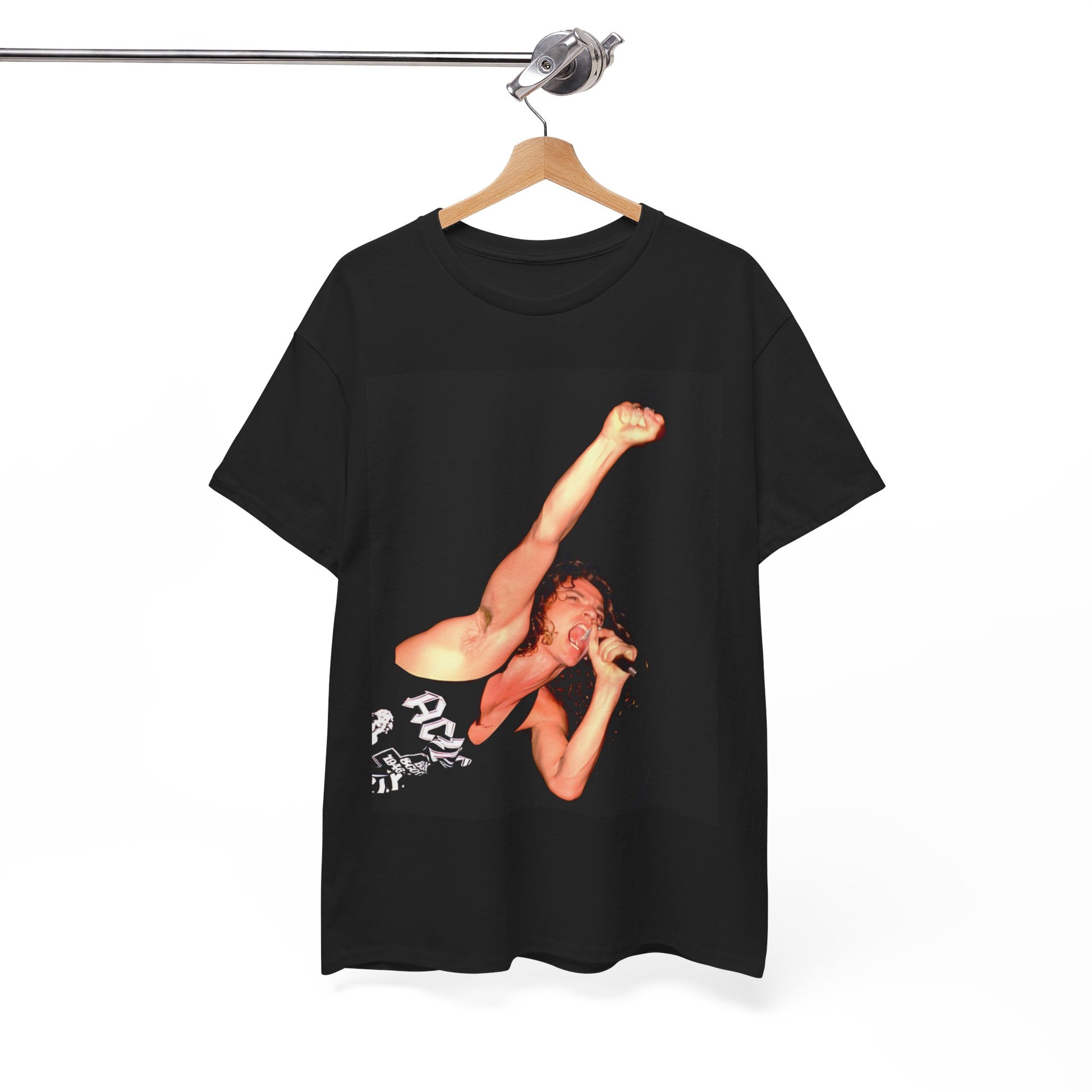 A black graphic t-shirt featuring a photo of Michael Hutchence from INXS performing live in concert.