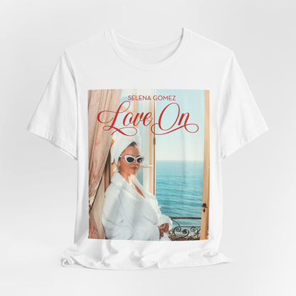 A black graphic t-shirt featuring a graphic related to Selena Gomez's 'Love On' song.