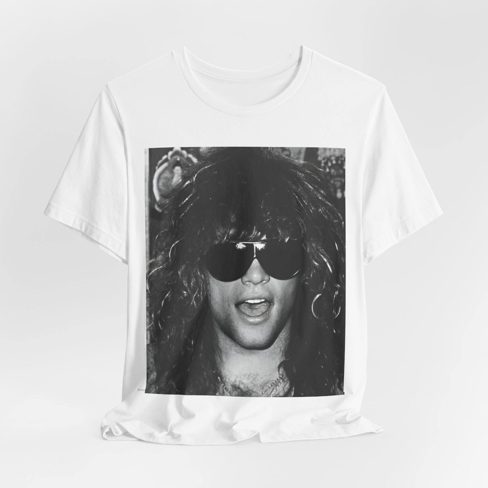 A black graphic t-shirt featuring a graphic or photo of Bon Jovi in a backstage setting.