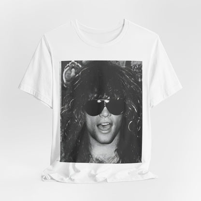 A black graphic t-shirt featuring a graphic or photo of Bon Jovi in a backstage setting.