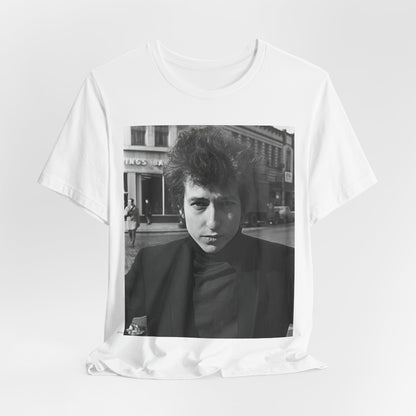 A black graphic t-shirt featuring a 60s black and white photo portrait of Bob Dylan.