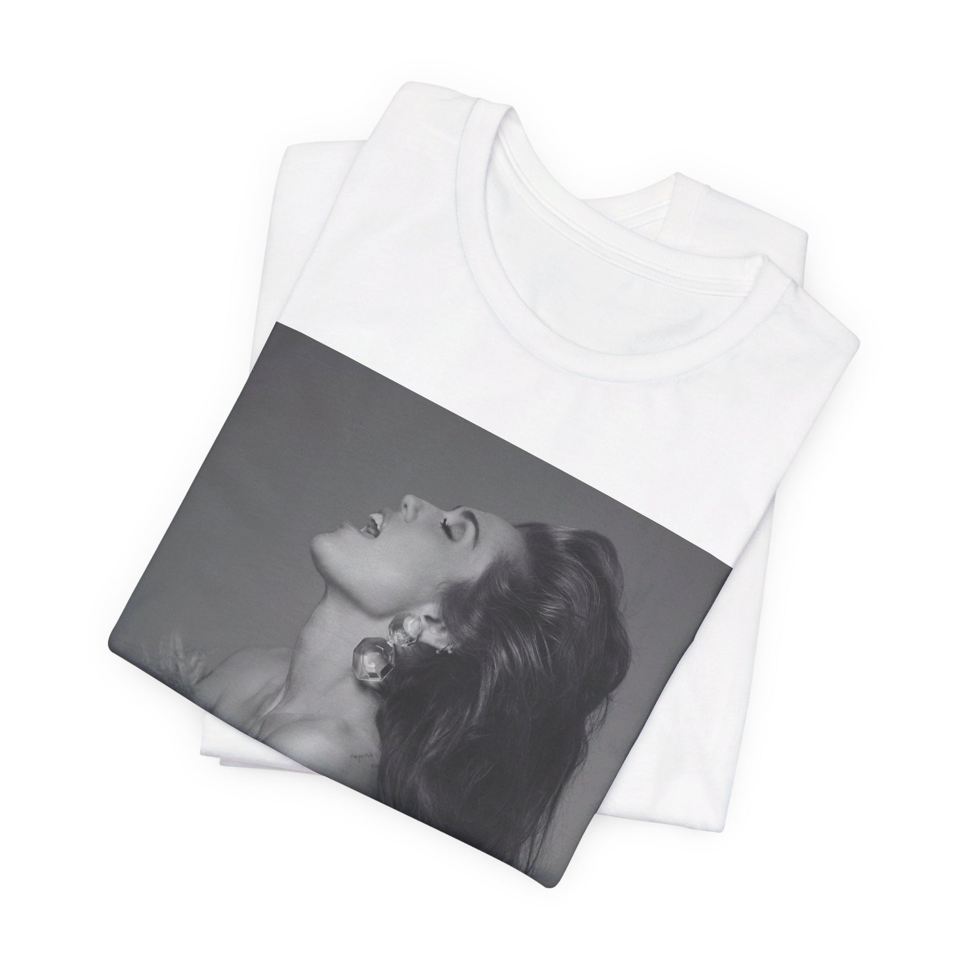 A black graphic t-shirt featuring a black and white portrait photo of Miley Cyrus.