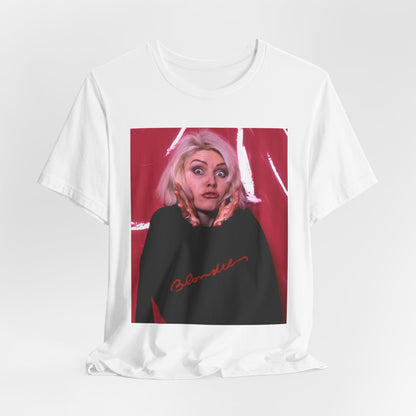 A black graphic t-shirt featuring a graphic related to Blondie's 'Atomic' song or era.