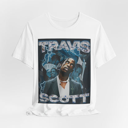 A black graphic t-shirt featuring a 90s bootleg style graphic of Travis Scott.