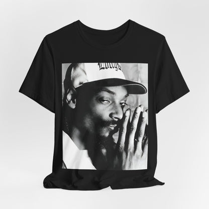 A black graphic t-shirt featuring a cool black and white graphic or photo of Snoop Dogg as a rapper.