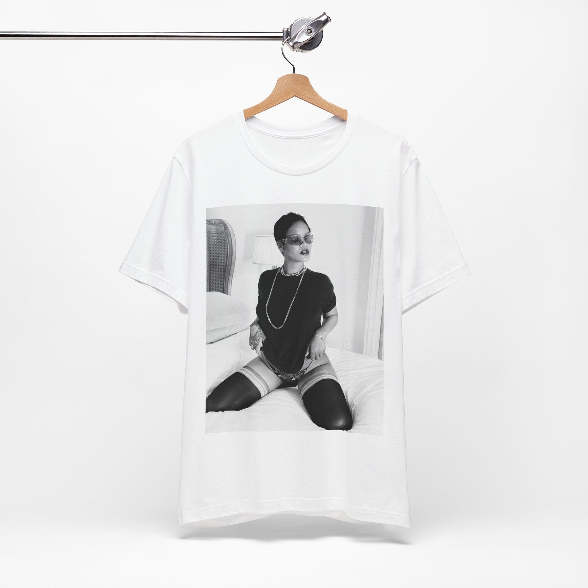 A black graphic t-shirt featuring a black and white graphic related to Rihanna's 'Diamonds' song or era.