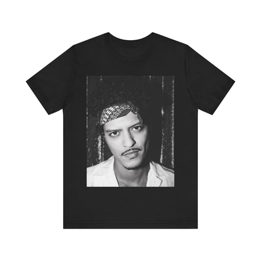 A black graphic t-shirt featuring a graphic of Bruno Mars with an old school groove aesthetic.