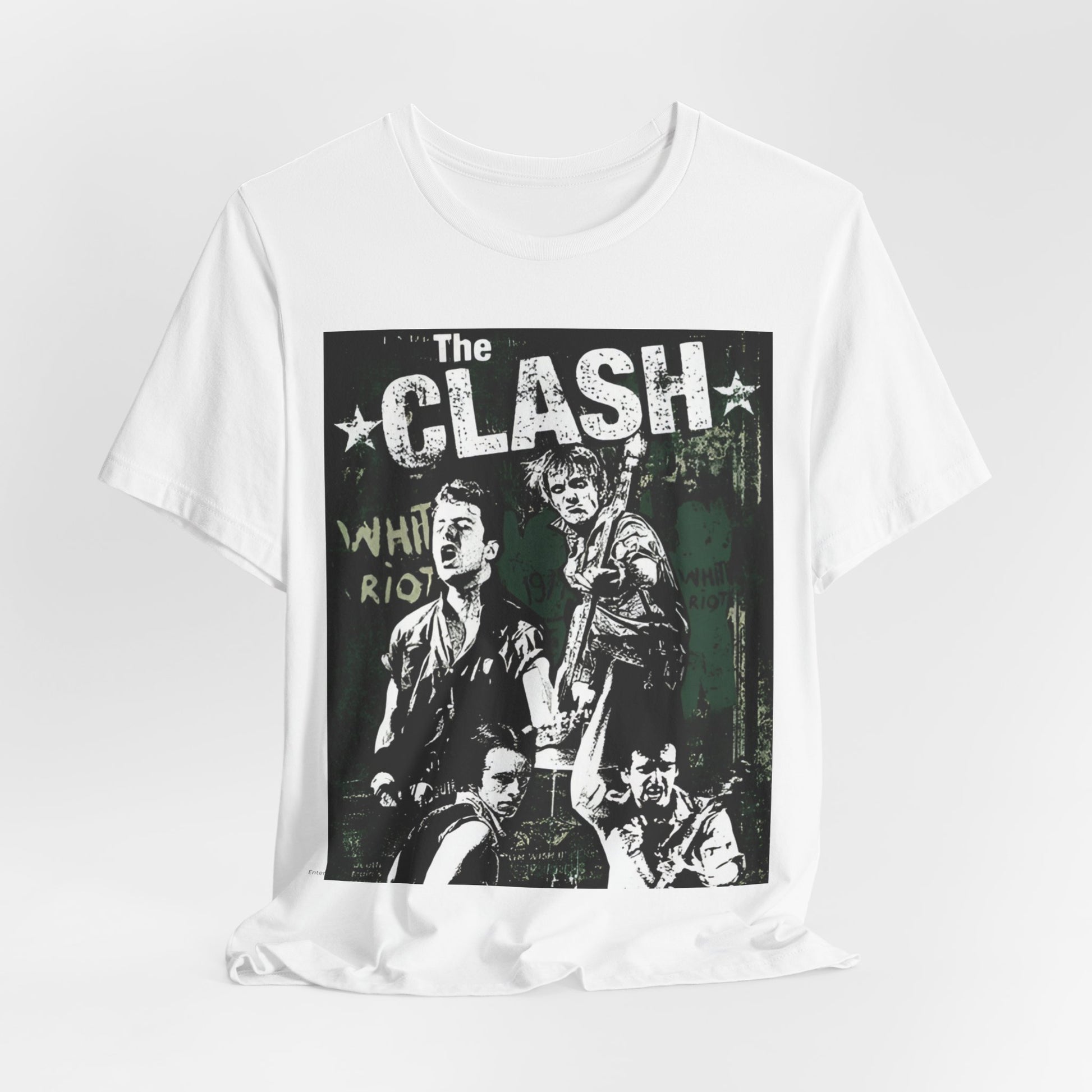 A black graphic t-shirt featuring a graphic related to The Clash's 'White Riot' song.