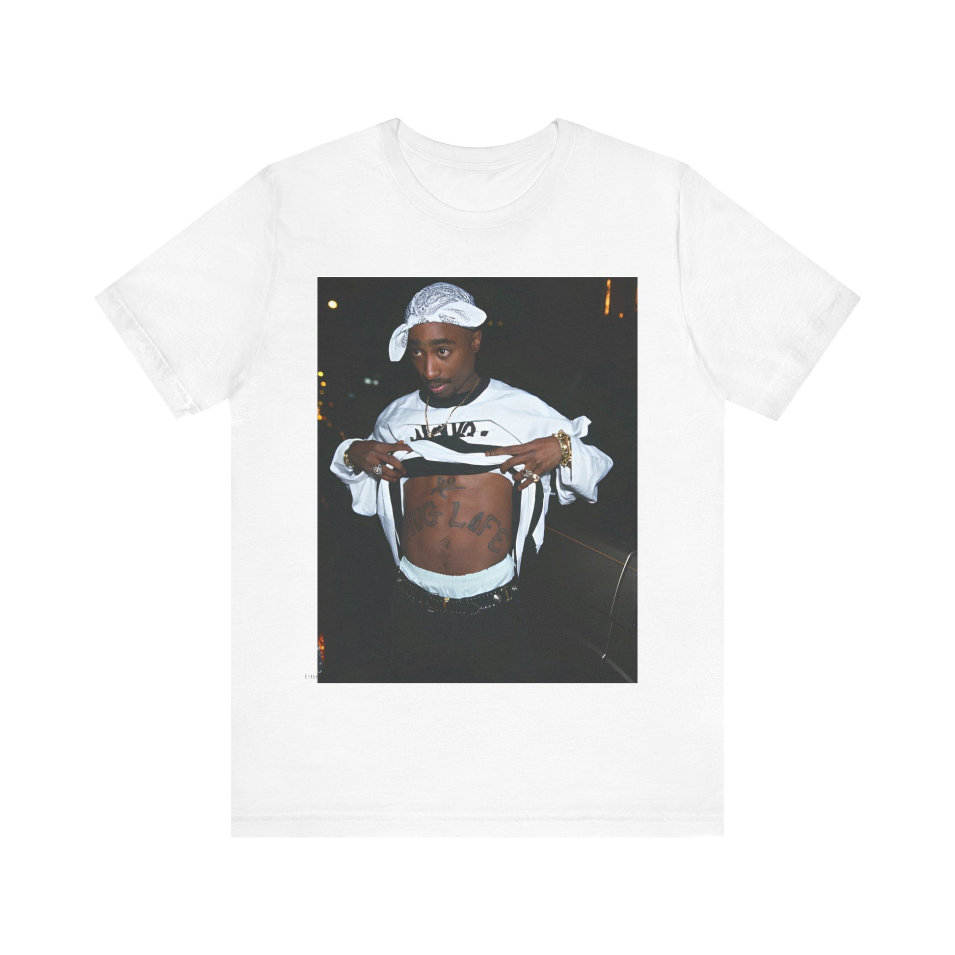 A black graphic t-shirt featuring a graphic of Tupac Shakur (2Pac).