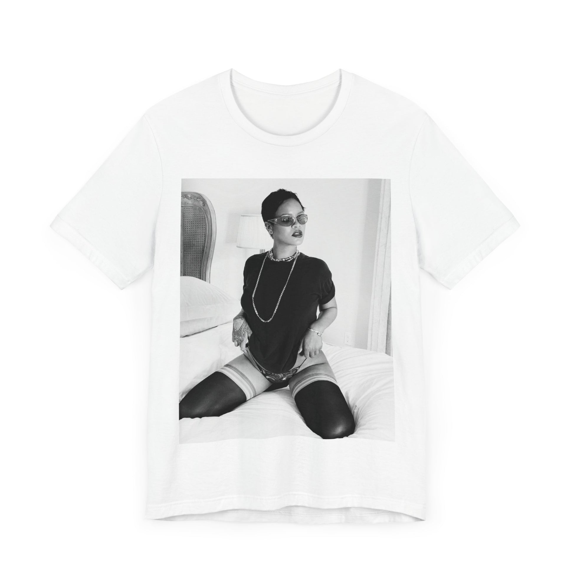 A black graphic t-shirt featuring a black and white graphic related to Rihanna's 'Diamonds' song or era.